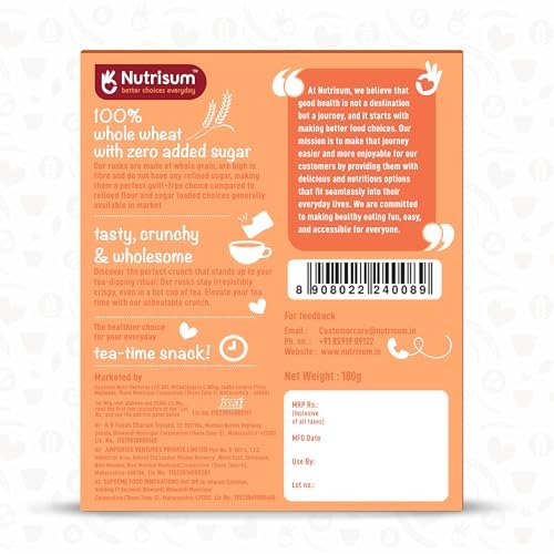 Nutrisum Premium Whole Wheat Rusk Cinnamon Flavour, High Fiber, Refined Sugar Free, Tea Toasts 180 gms (Pack of 4)