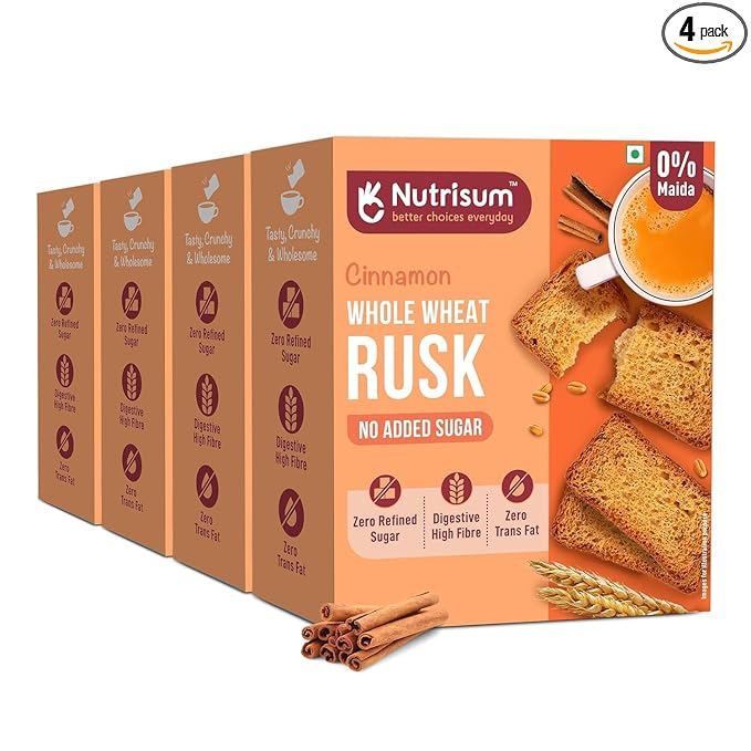 Nutrisum Premium Whole Wheat Rusk Cinnamon Flavour, High Fiber, Refined Sugar Free, Tea Toasts 180 gms (Pack of 4)