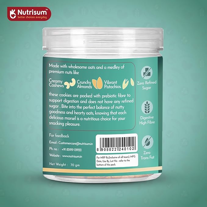Nutrisum Oats Mixed Nuts Cookies, Digestive High Fibre Biscuit with Oats, Refined Sugar Free 70GMS (Pack of 2)