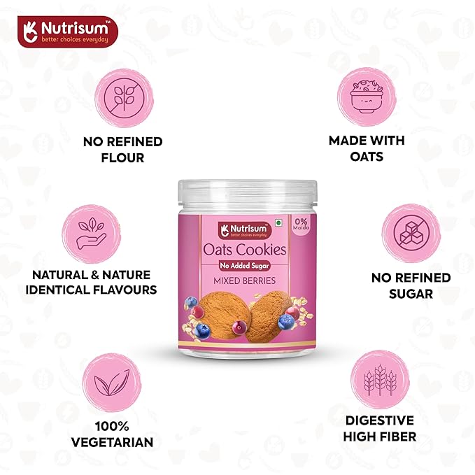 Nutrisum Oats Mixed Berries Cookies, Digestive High Fibre Biscuit with Oats, Refined Sugar Free 70GMS (Pack of 4)
