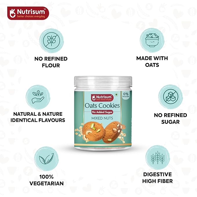 Nutrisum Oats Mixed Nuts Cookies, Digestive High Fibre Biscuit with Oats, Refined Sugar Free 70GMS (Pack of 2)
