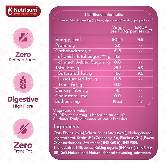 Nutrisum Oats Mixed Berries Cookies, Digestive High Fibre Biscuit with Oats, Refined Sugar Free 70GMS (Pack of 2)
