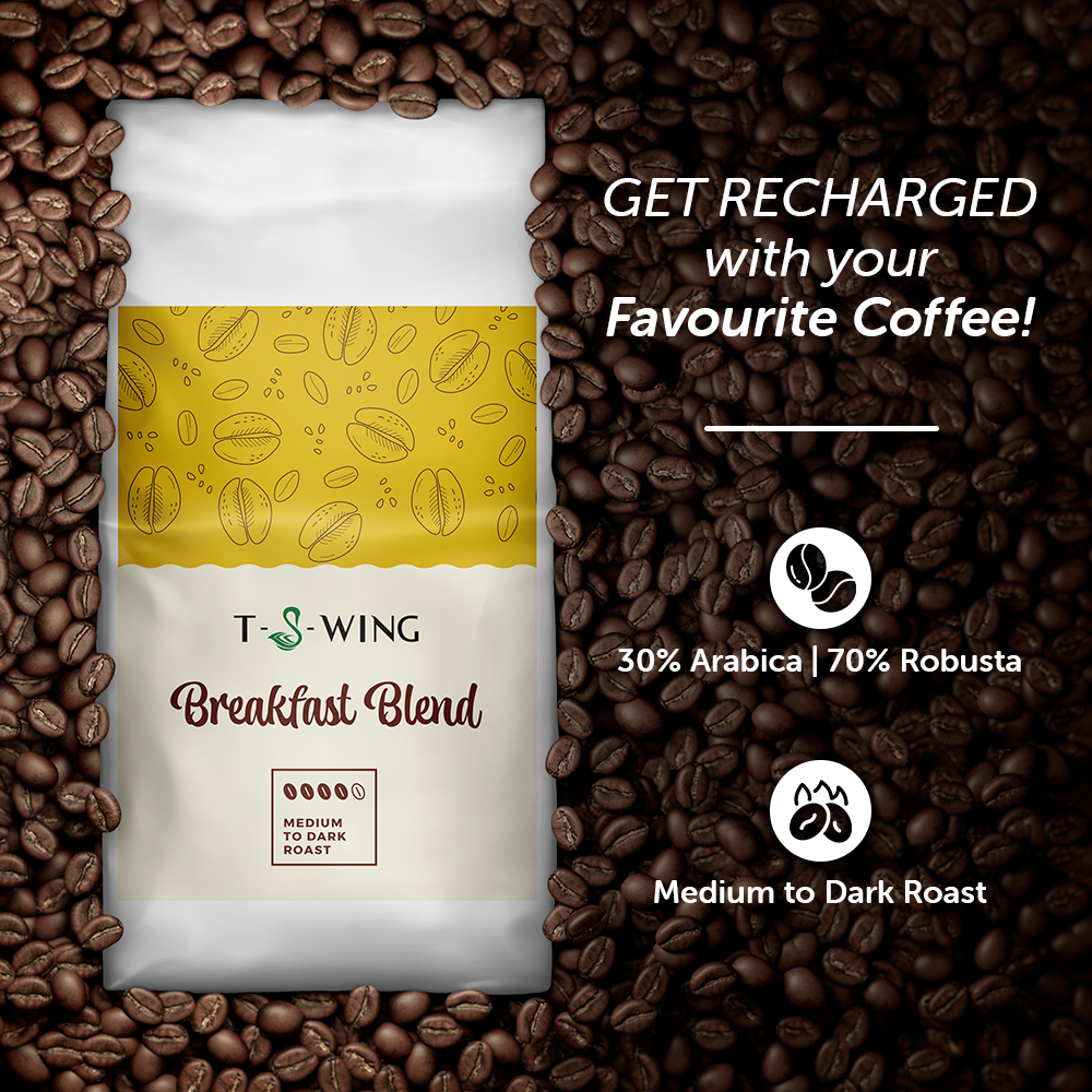 T-S-WING Breakfast Blend Coffee | 30% Rich Arabica, 70% Robusta for Smooth Morning Bliss | 250g Roasted Beans | Zero Acid Reflux or Bloating