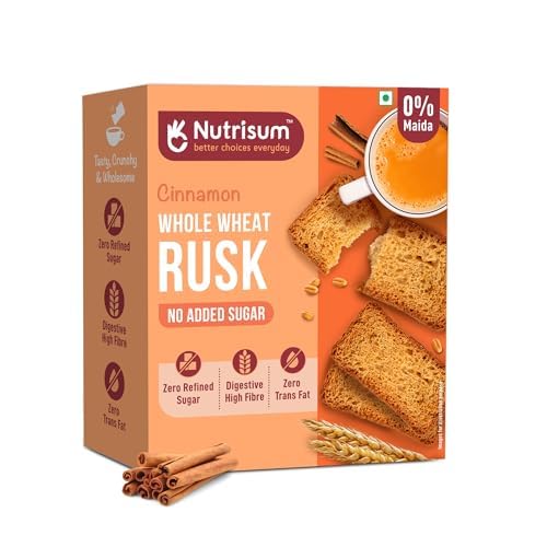 Nutrisum Premium Whole Wheat Rusk Cinnamon Flavour, High Fiber, Refined Sugar Free, Tea Toasts 180 gms (Pack of 4)