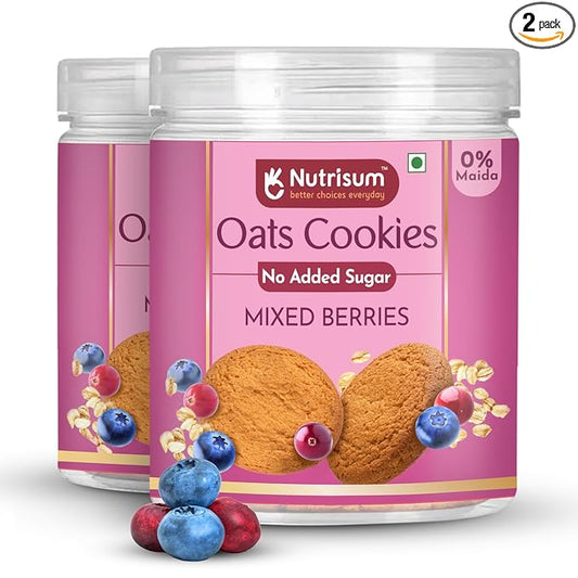 Nutrisum Oats Mixed Berries Cookies, Digestive High Fibre Biscuit with Oats, Refined Sugar Free 70GMS (Pack of 2)