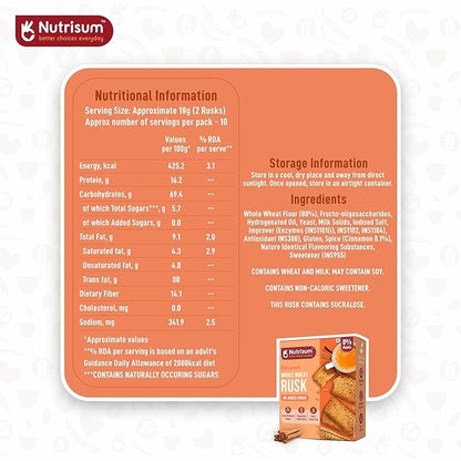 Nutrisum Premium Whole Wheat Rusk Cinnamon Flavour, High Fiber, Refined Sugar Free, Tea Toasts 180 gms (Pack of 4)