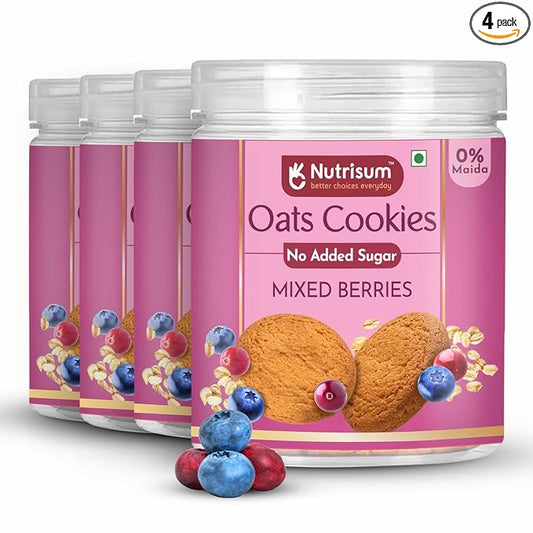 Nutrisum Oats Mixed Berries Cookies, Digestive High Fibre Biscuit with Oats, Refined Sugar Free 70GMS (Pack of 4)