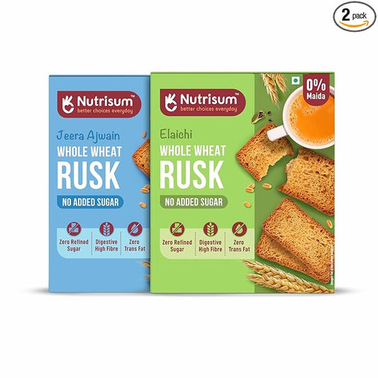 Nutrisum Premium Whole Wheat Rusk Jeera, Ajwain & Elaichi Flavour Combo, High Fiber, Refined Sugar Free, Tea Toasts 180 gms (Pack of 2)