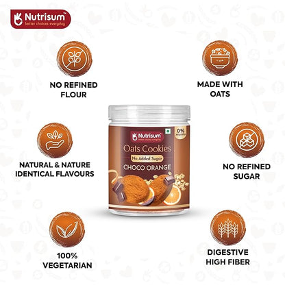 Nutrisum Oats Chocolate Cookies, Digestive High Fibre Choco Orange Biscuit with Oats, Refined Sugar Free 70GMS (Pack of 2)