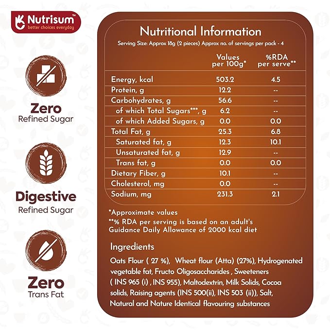 Nutrisum Oats Chocolate Cookies, Digestive High Fibre Choco Orange Biscuit with Oats, Refined Sugar Free 70GMS (Pack of 2)