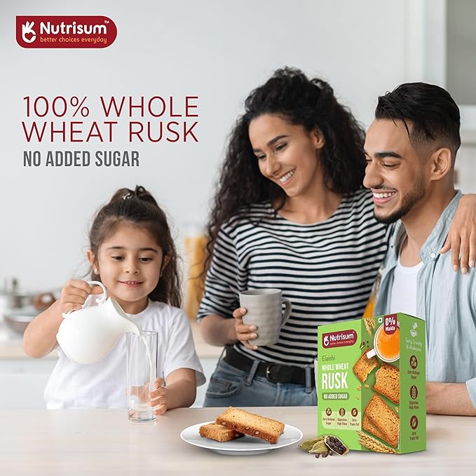 Nutrisum Premium Whole Wheat Rusk Elaichi Flavour, High Fiber, Refined Sugar Free, Tea Toasts 180 gms (Pack of 2)