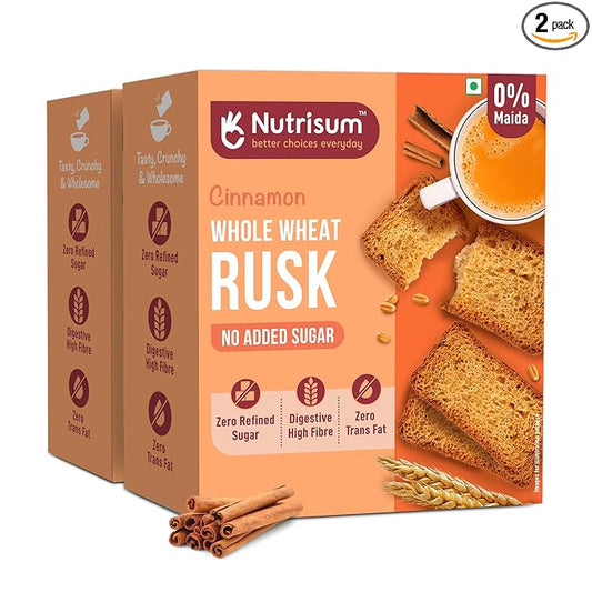 Nutrisum Premium Whole Wheat Rusk Cinnamon Flavour, High Fiber, Refined Sugar Free, Tea Toasts 180 gms (Pack of 2)