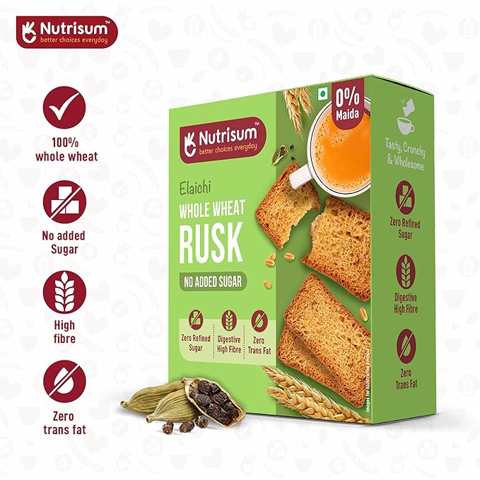 Nutrisum Premium Whole Wheat Rusk Elaichi Flavour, High Fiber, Refined Sugar Free, Tea Toasts 180 gms (Pack of 2)