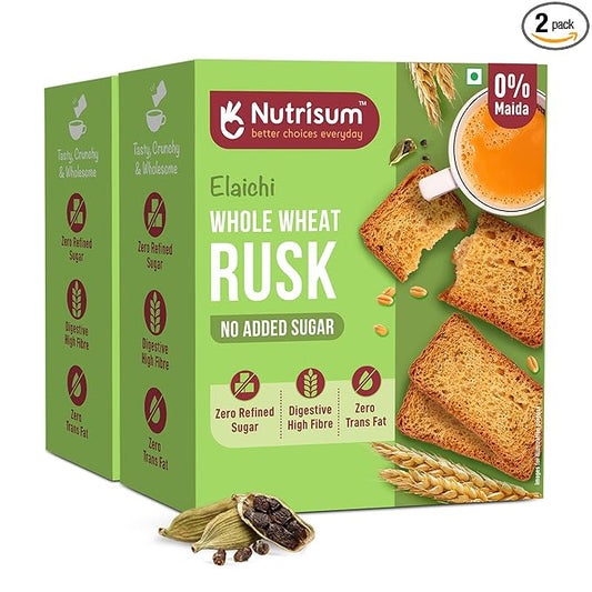 Nutrisum Premium Whole Wheat Rusk Elaichi Flavour, High Fiber, Refined Sugar Free, Tea Toasts 180 gms (Pack of 2)
