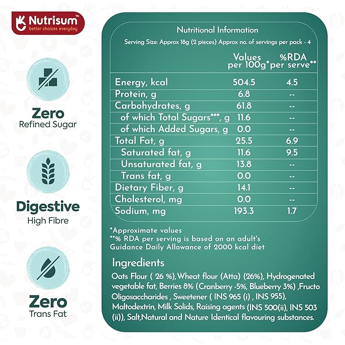 Nutrisum Oats Mixed Nuts Cookies, Digestive High Fibre Biscuit with Oats, Refined Sugar Free 70GMS (Pack of 4)