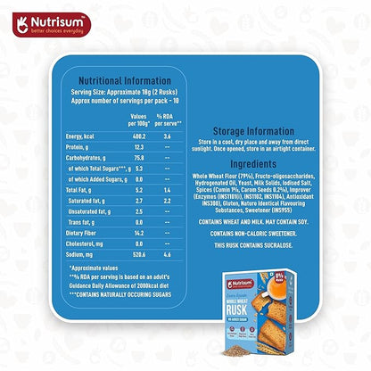 Nutrisum Premium Whole Wheat Rusk Jeera & Ajwain Flavour, High Fiber, Refined Sugar Free, Tea Toasts 180 gms (Pack of 2)