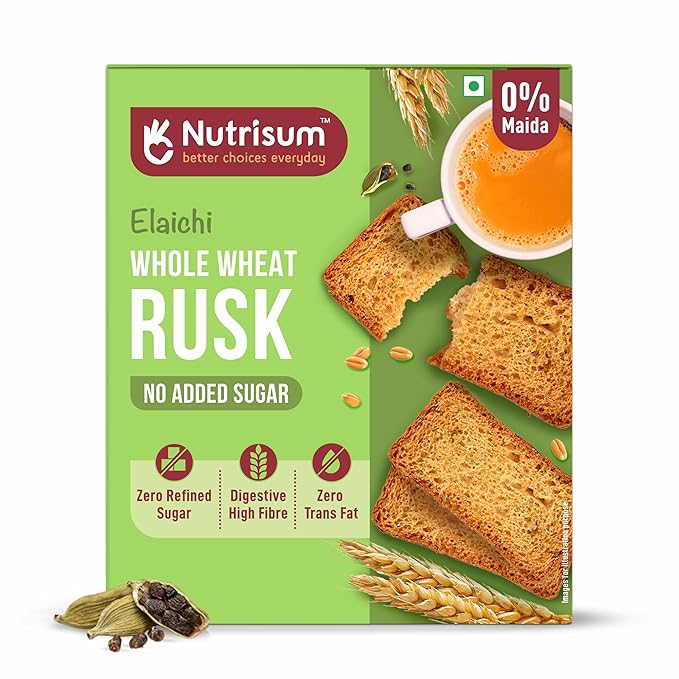 Nutrisum Premium Whole Wheat Rusk Elaichi Flavour, High Fiber, Refined Sugar Free, Tea Toasts 180 gms (Pack of 2)