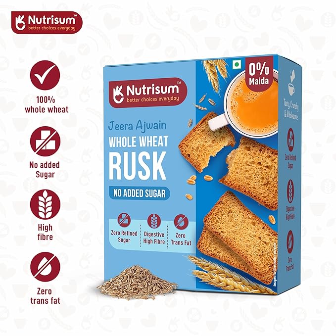 Nutrisum Premium Whole Wheat Rusk Jeera, Ajwain & Elaichi Flavour Combo, High Fiber, Refined Sugar Free, Tea Toasts 180 gms (Pack of 2)