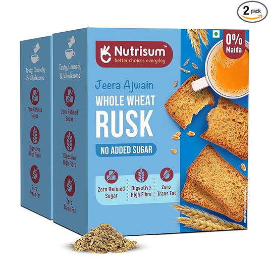 Nutrisum Premium Whole Wheat Rusk Jeera & Ajwain Flavour, High Fiber, Refined Sugar Free, Tea Toasts 180 gms (Pack of 2)